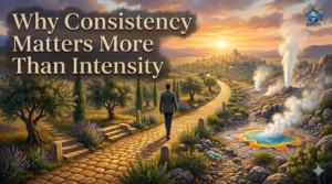A professional man walking steadily on a vibrant, natural path toward a glowing city, representing why consistency matters more than intensity.
